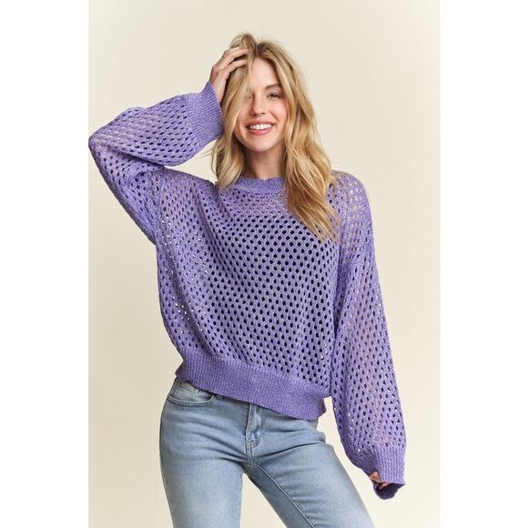 ADORA Round Neck Long Sleeves Lurex Crochet Detail Openwork Csual Top | Purple - Picture 6 of 6